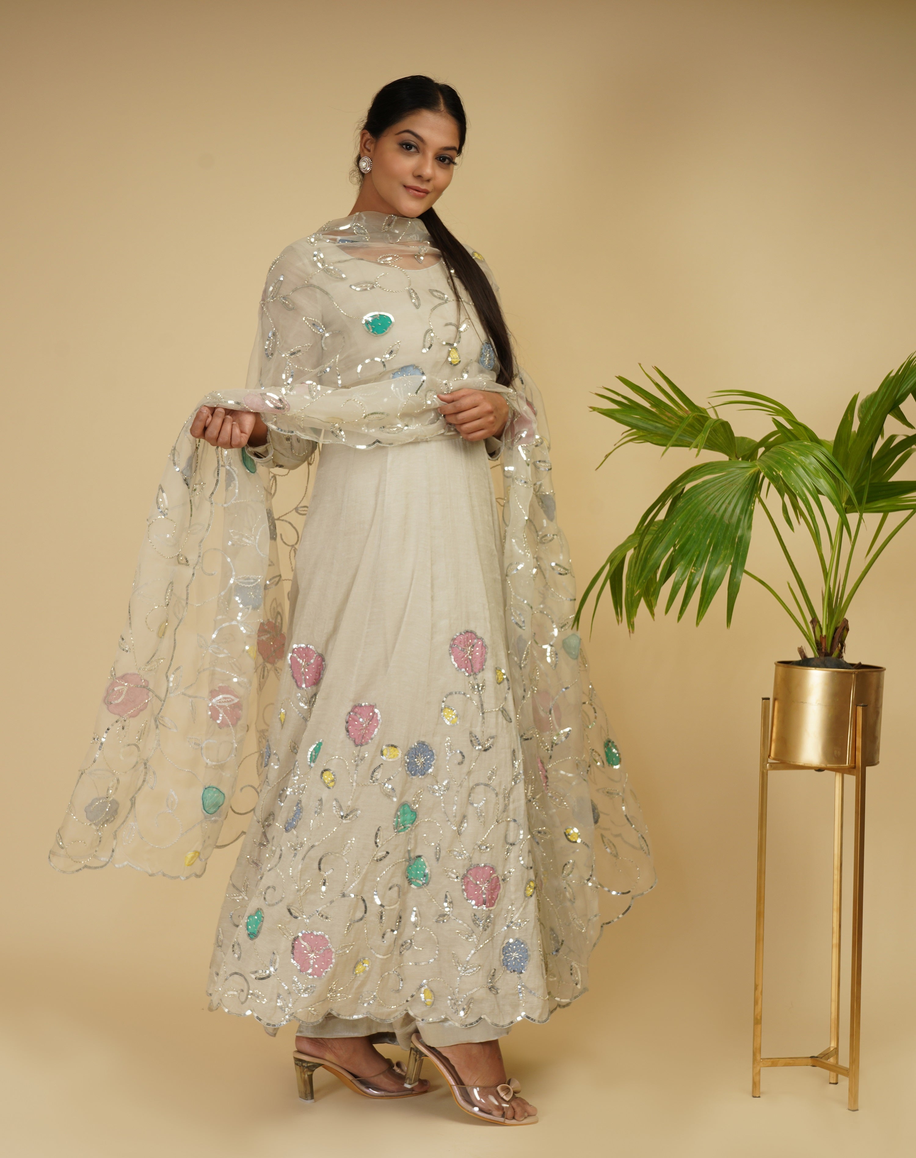Silver Embroidered Handloom Soft Tissue Anarkali (3-Piece) - Image 5