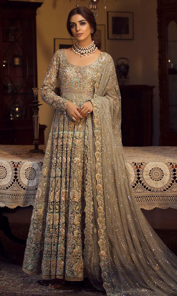 Pale Silver Embellished Net Anarkali Dress (2-Piece) - Image 2