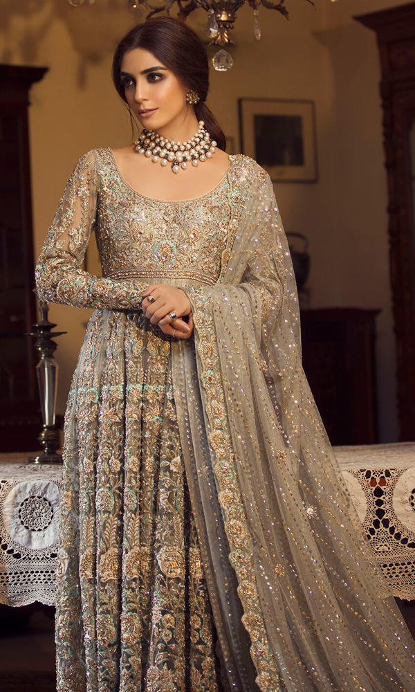 Pale Silver Embellished Net Anarkali Dress (2-Piece) - Image 3