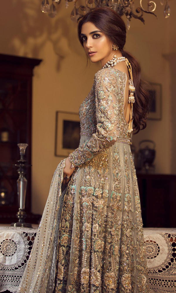 Pale Silver Embellished Net Anarkali Dress (2-Piece) - Image 4