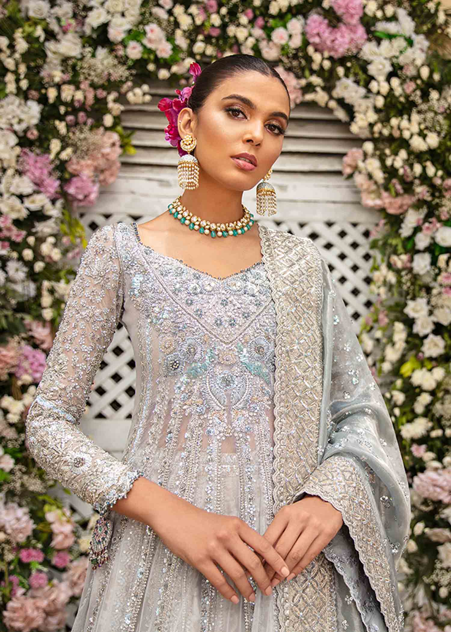 Silver Grey Embroidered Net Anarkali Dress (2-Piece) - Image 2