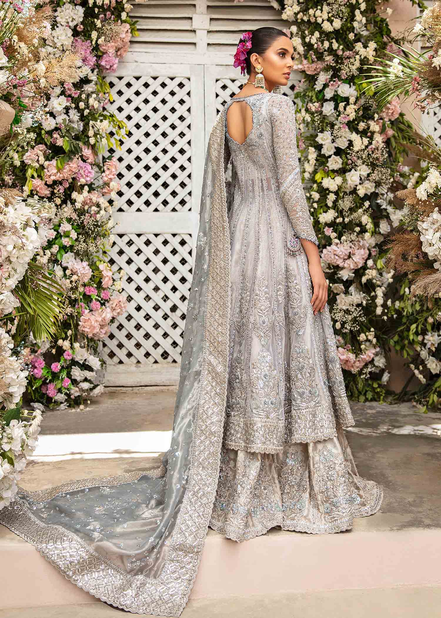 Pakistani Silver Grey Embellished Net Anarkali Dress (2-Piece) - Image 4