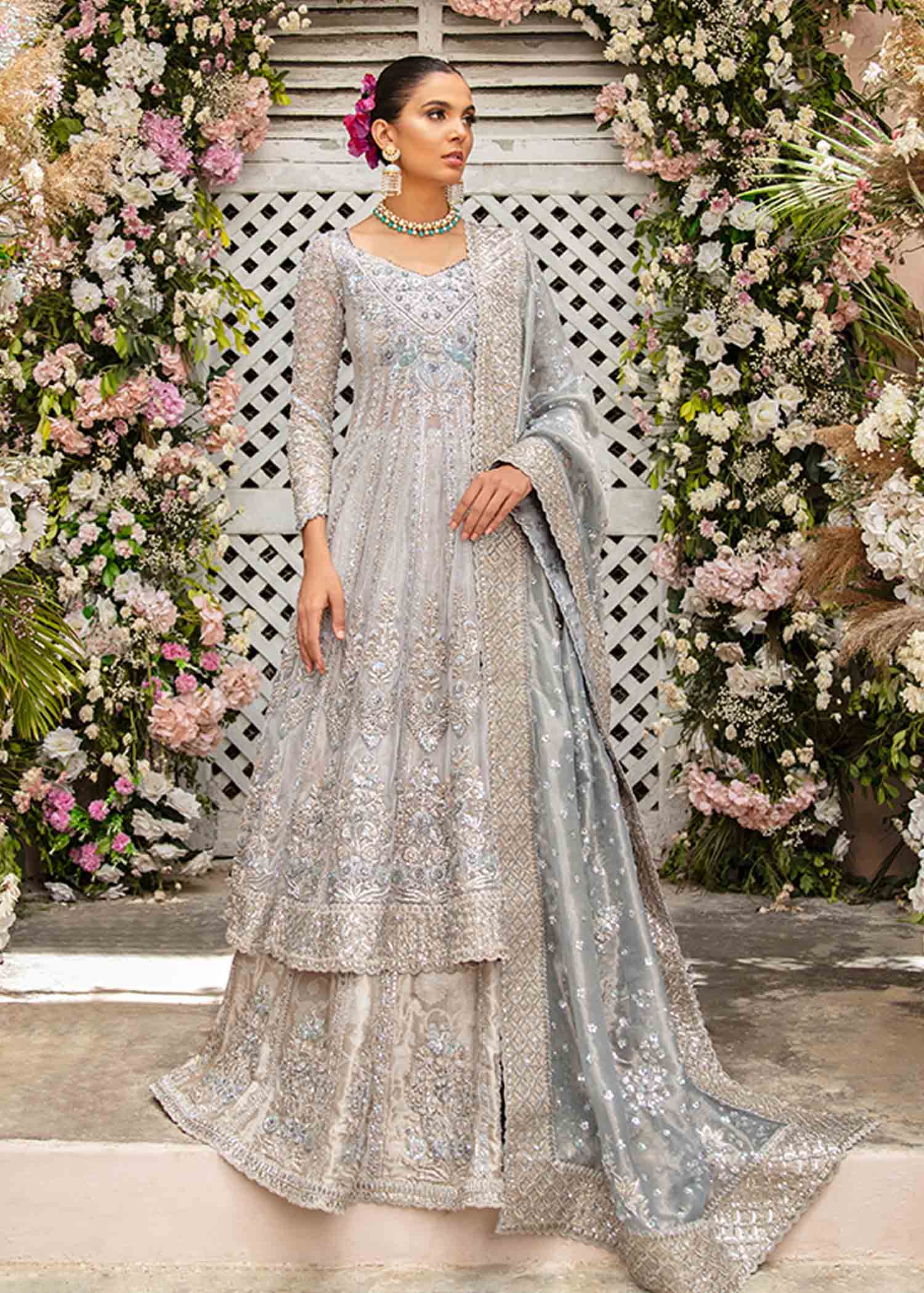 Pakistani Silver Grey Embellished Net Anarkali Dress (2-Piece) - Image 1