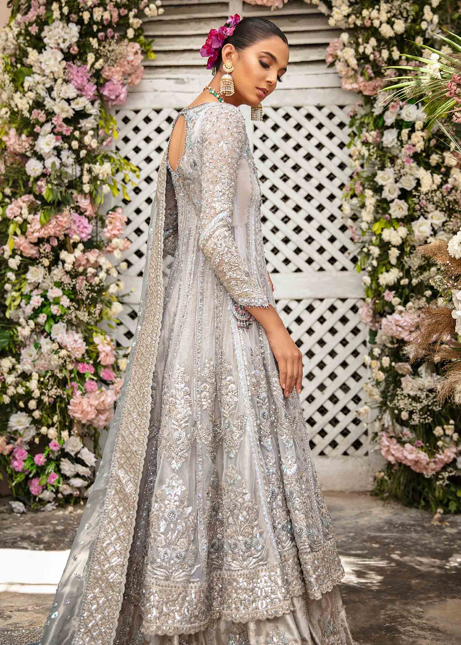 Pakistani Silver Grey Embellished Net Anarkali Dress (2-Piece) - Image 3