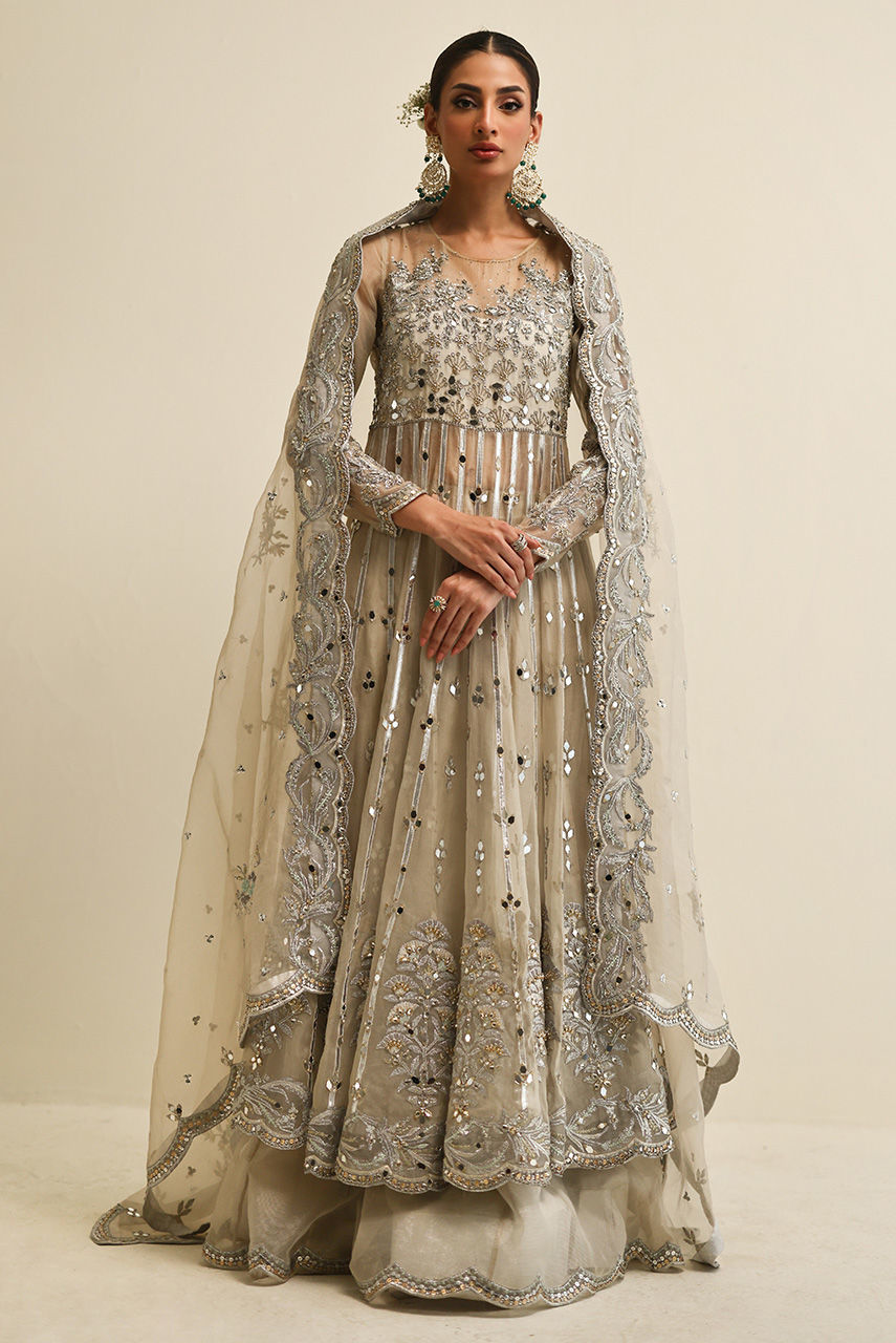 Silver Grey Handworked Organza Maysuri Anarkali (2-Piece) - Image 1