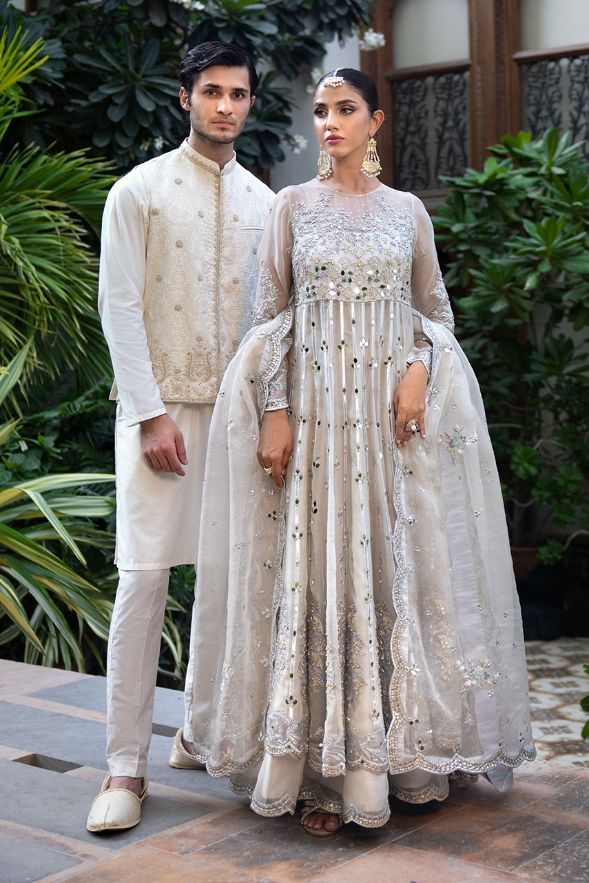 Silver Grey Handworked Organza Maysuri Anarkali (2-Piece) - Image 10