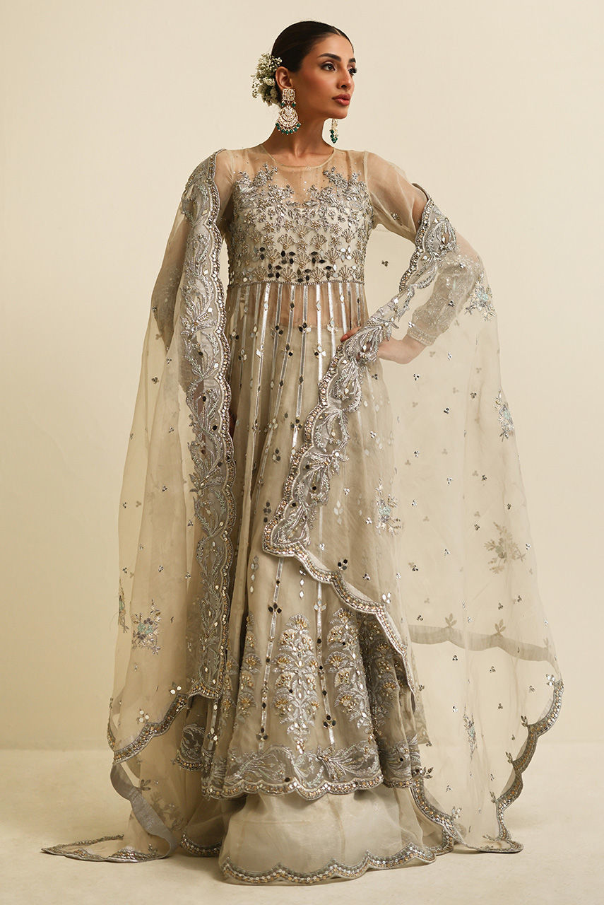 Silver Grey Handworked Organza Maysuri Anarkali (2-Piece) - Image 2