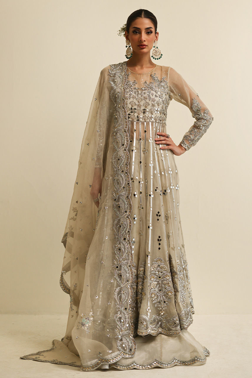 Silver Grey Handworked Organza Maysuri Anarkali (2-Piece) - Image 3