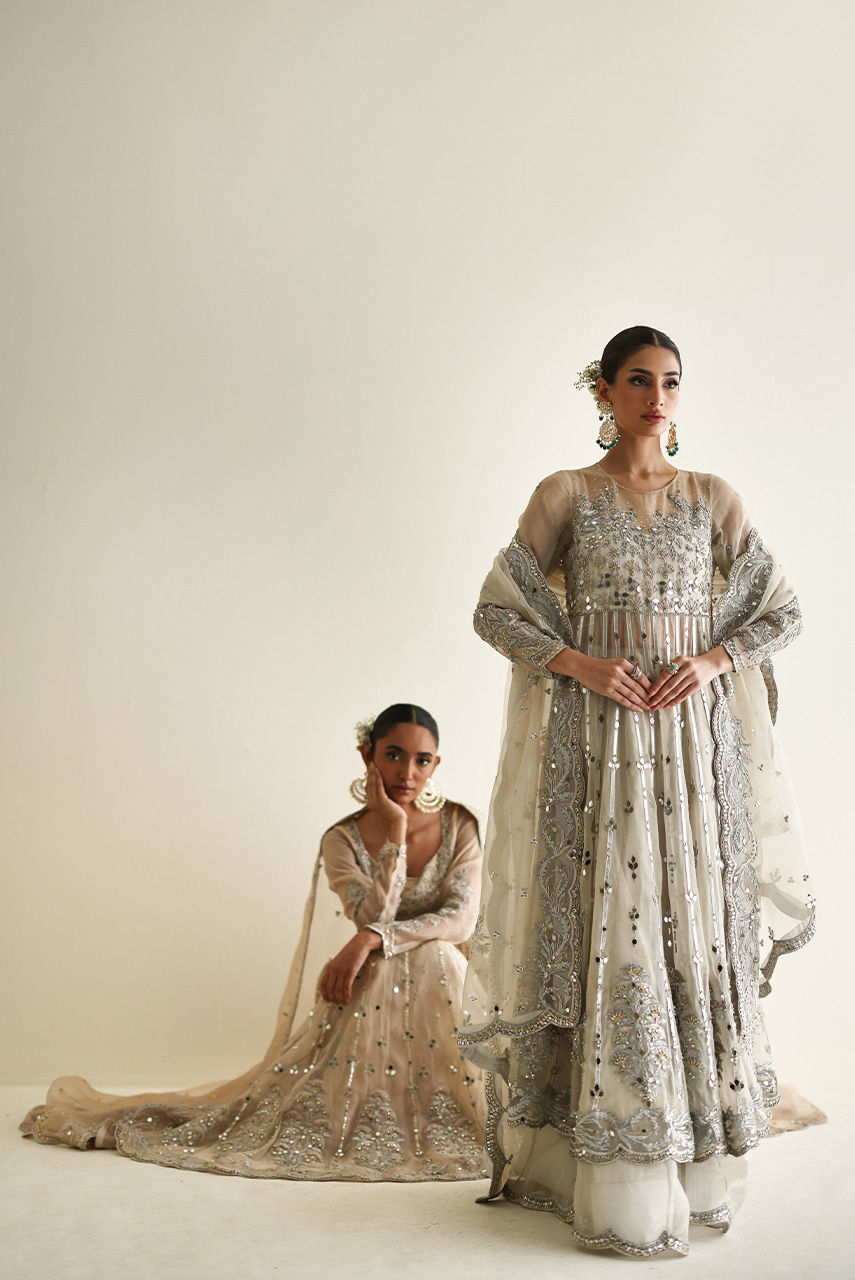 Silver Grey Handworked Organza Maysuri Anarkali (2-Piece) - Image 4