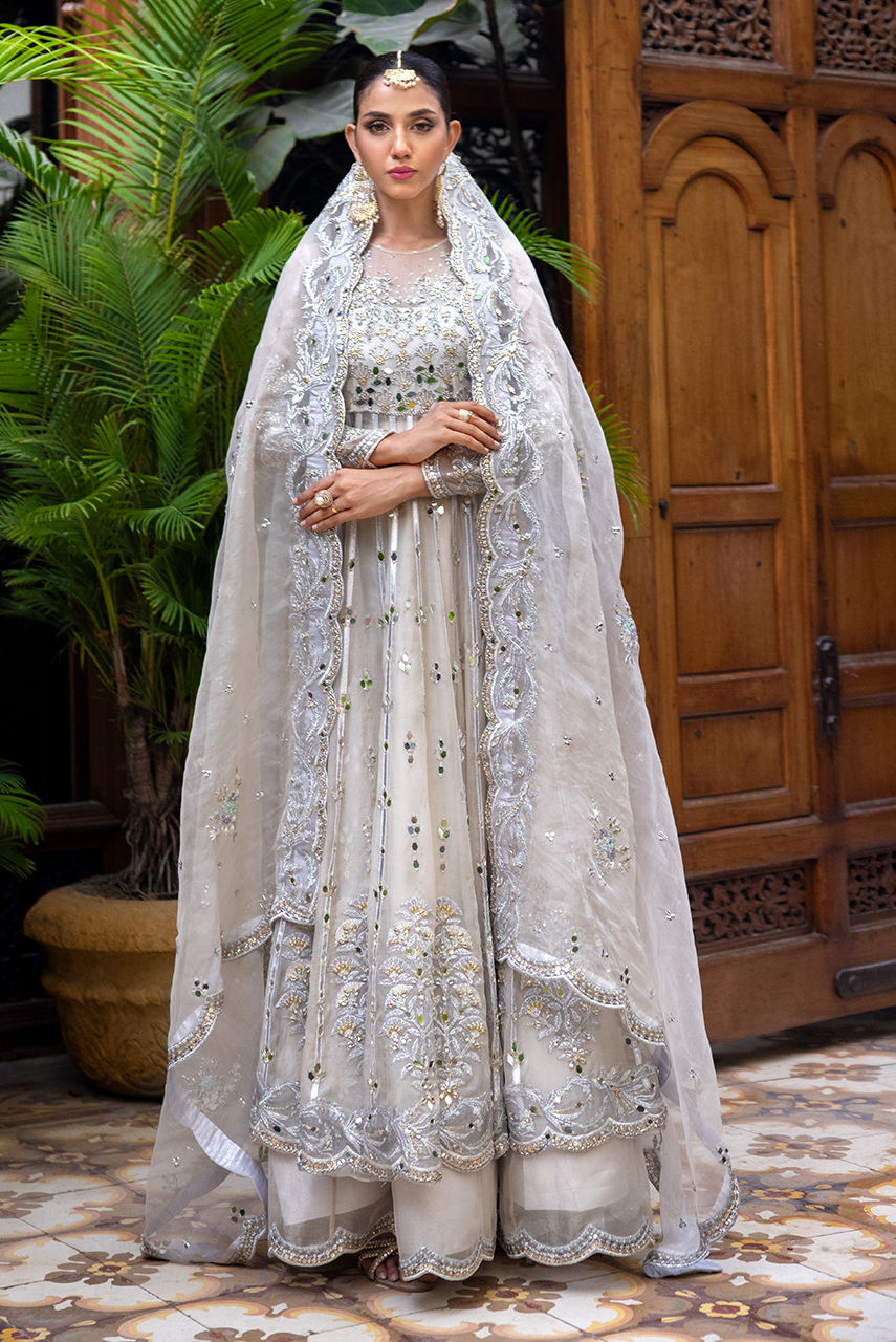 Silver Grey Handworked Organza Maysuri Anarkali (2-Piece) - Image 5