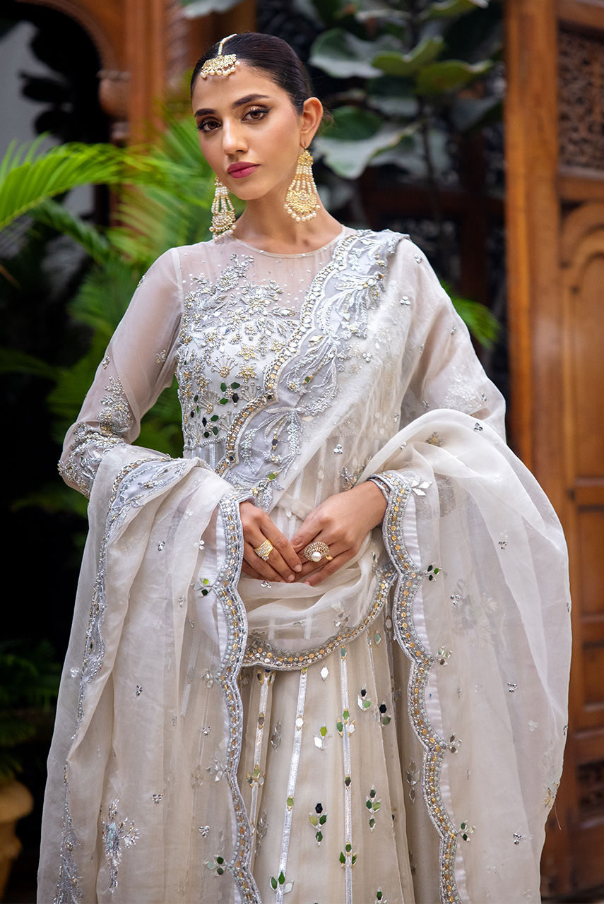 Silver Grey Handworked Organza Maysuri Anarkali (2-Piece) - Image 6