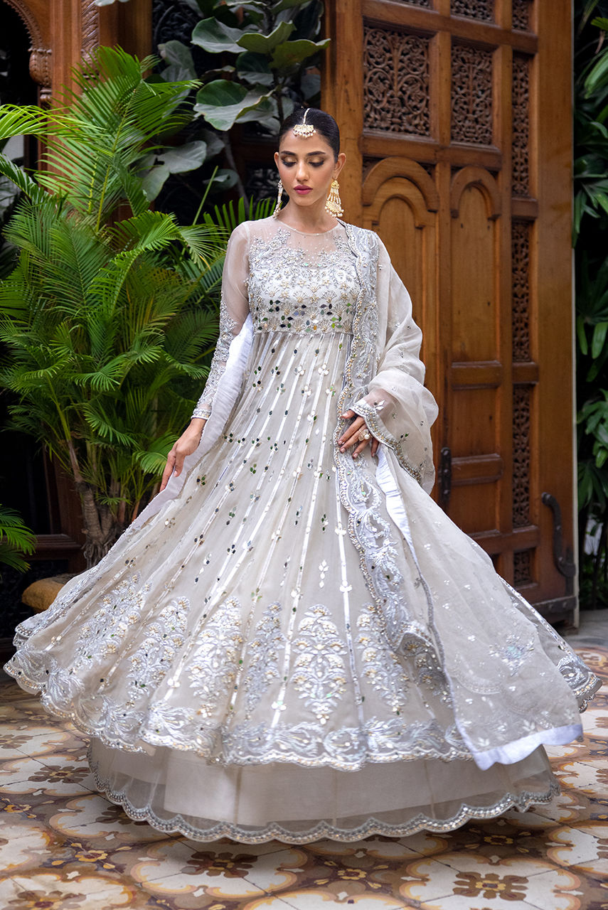 Silver Grey Handworked Organza Maysuri Anarkali (2-Piece) - Image 7