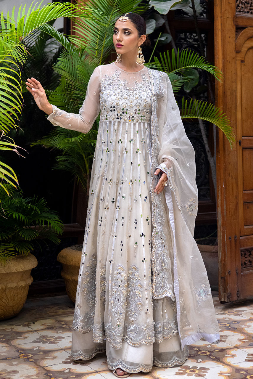 Silver Grey Handworked Organza Maysuri Anarkali (2-Piece) - Image 8