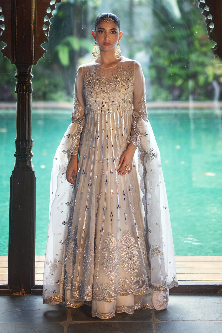 Silver Grey Handworked Organza Maysuri Anarkali (2-Piece) - Image 9