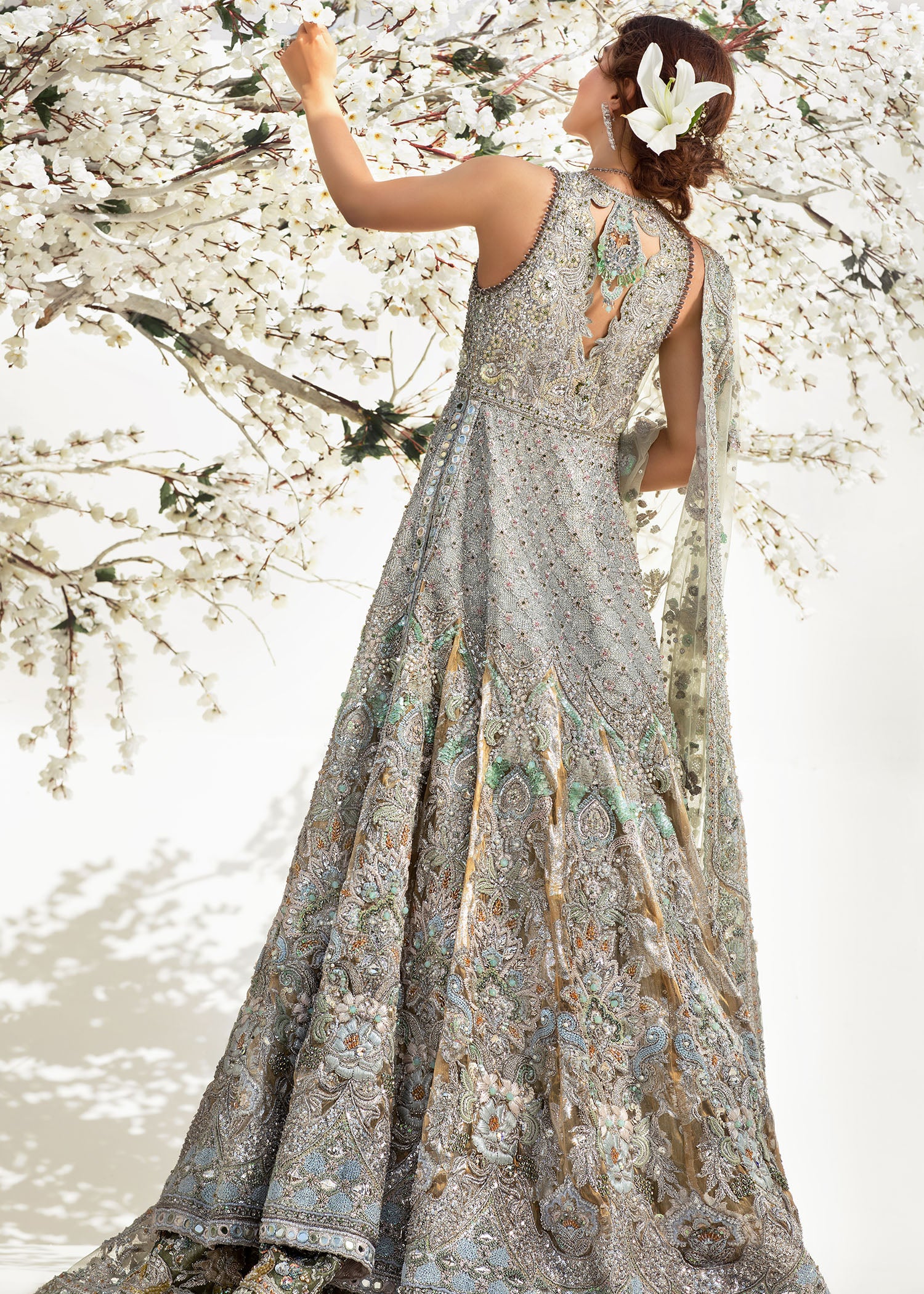 Silver Sage Embroidered Organza Anarkali Dress (2-Piece) - Image 2