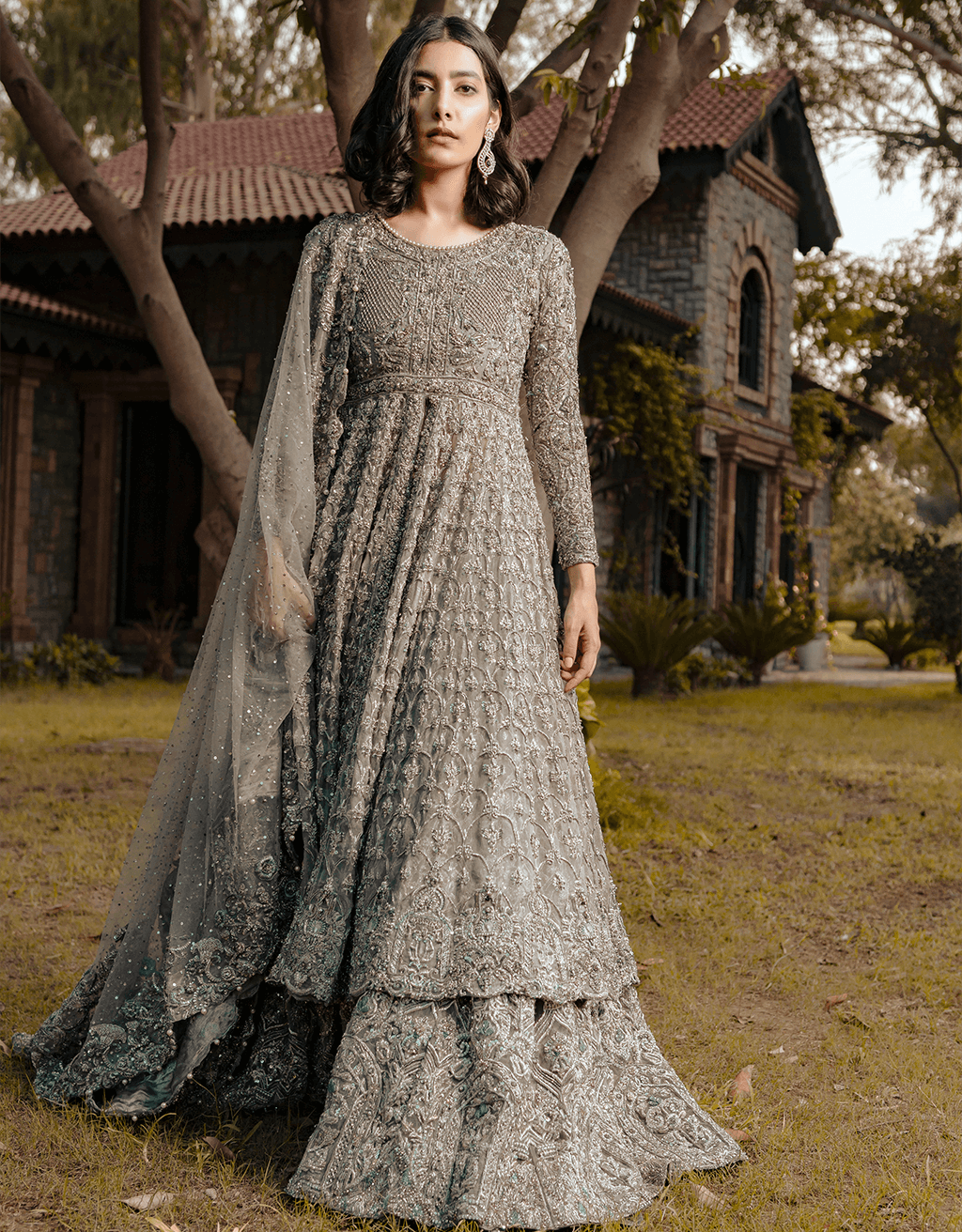 Pakistani Silver Grey Hand-Embellished Organza Anarkali Dress (2-Piece) - Image 1