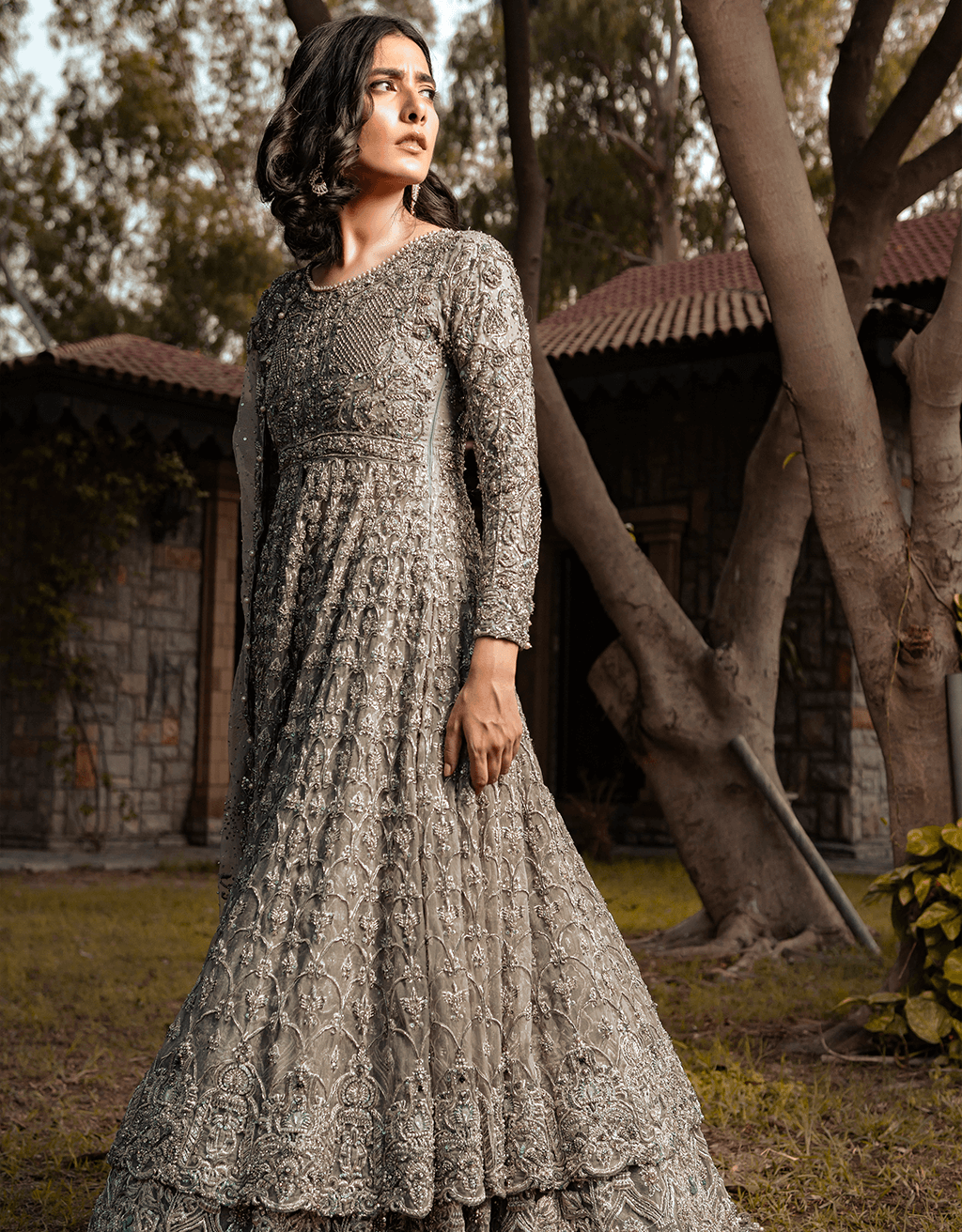 Pakistani Silver Grey Hand-Embellished Organza Anarkali Dress (2-Piece) - Image 2