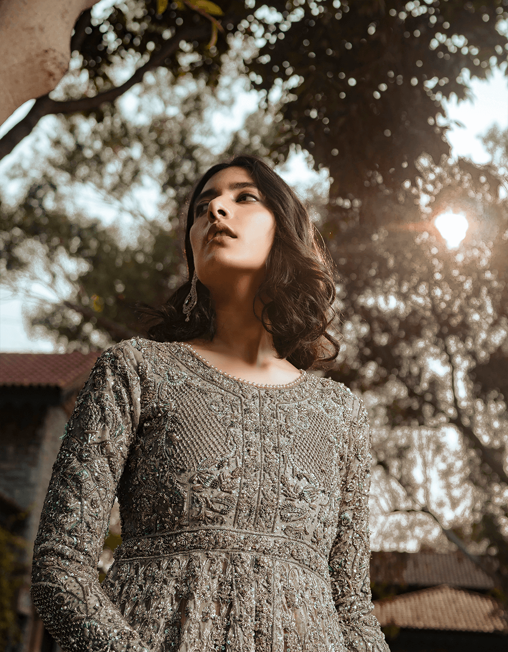 Pakistani Silver Grey Hand-Embellished Organza Anarkali Dress (2-Piece) - Image 4