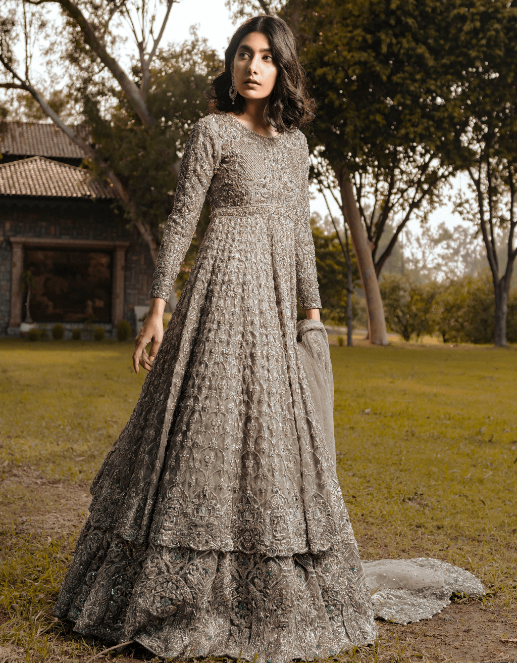 Pakistani Silver Grey Hand-Embellished Organza Anarkali Dress (2-Piece) - Image 5