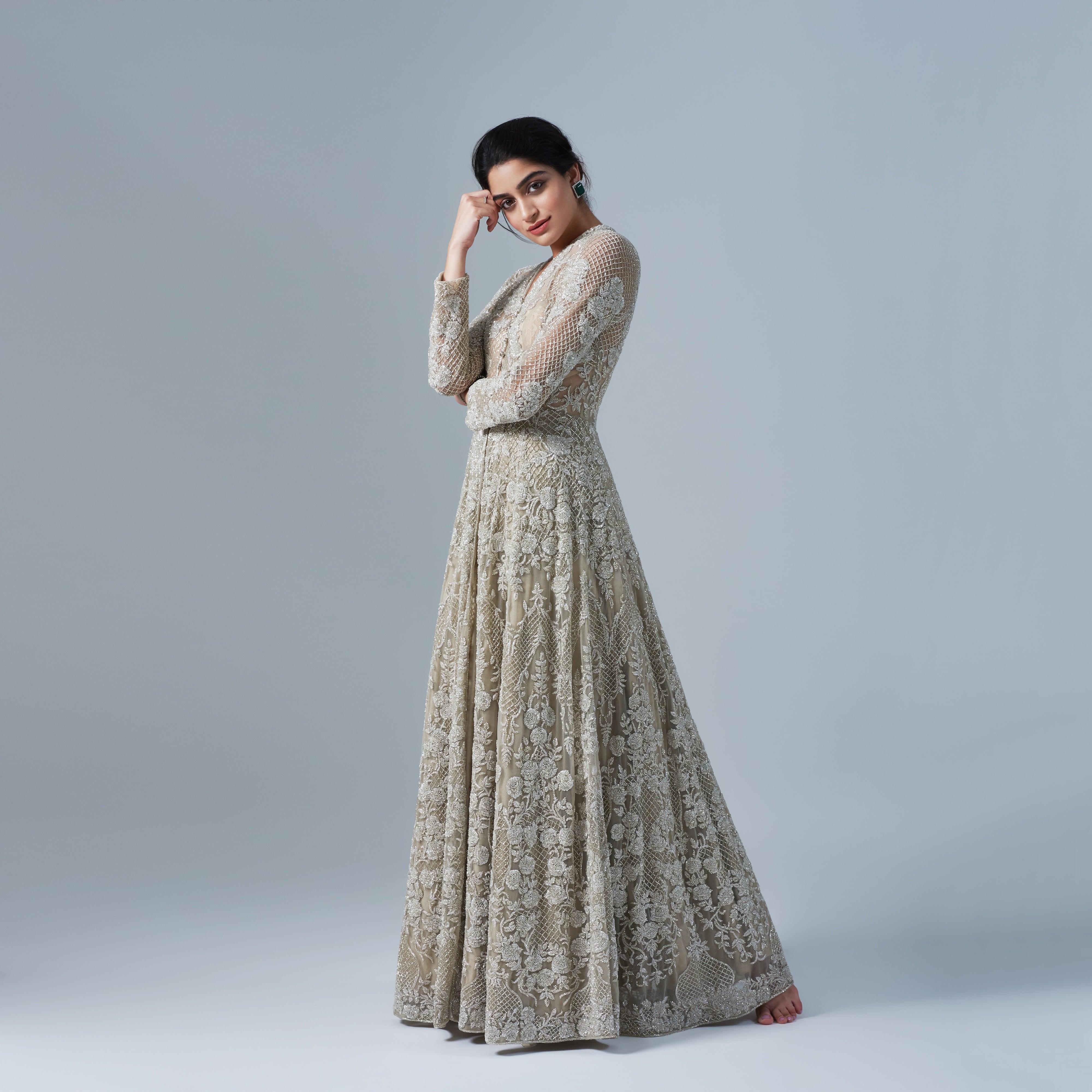 Indian Silver Crystal Beaded Tulle Anarkali Jacket (1-Pc) - Image 1