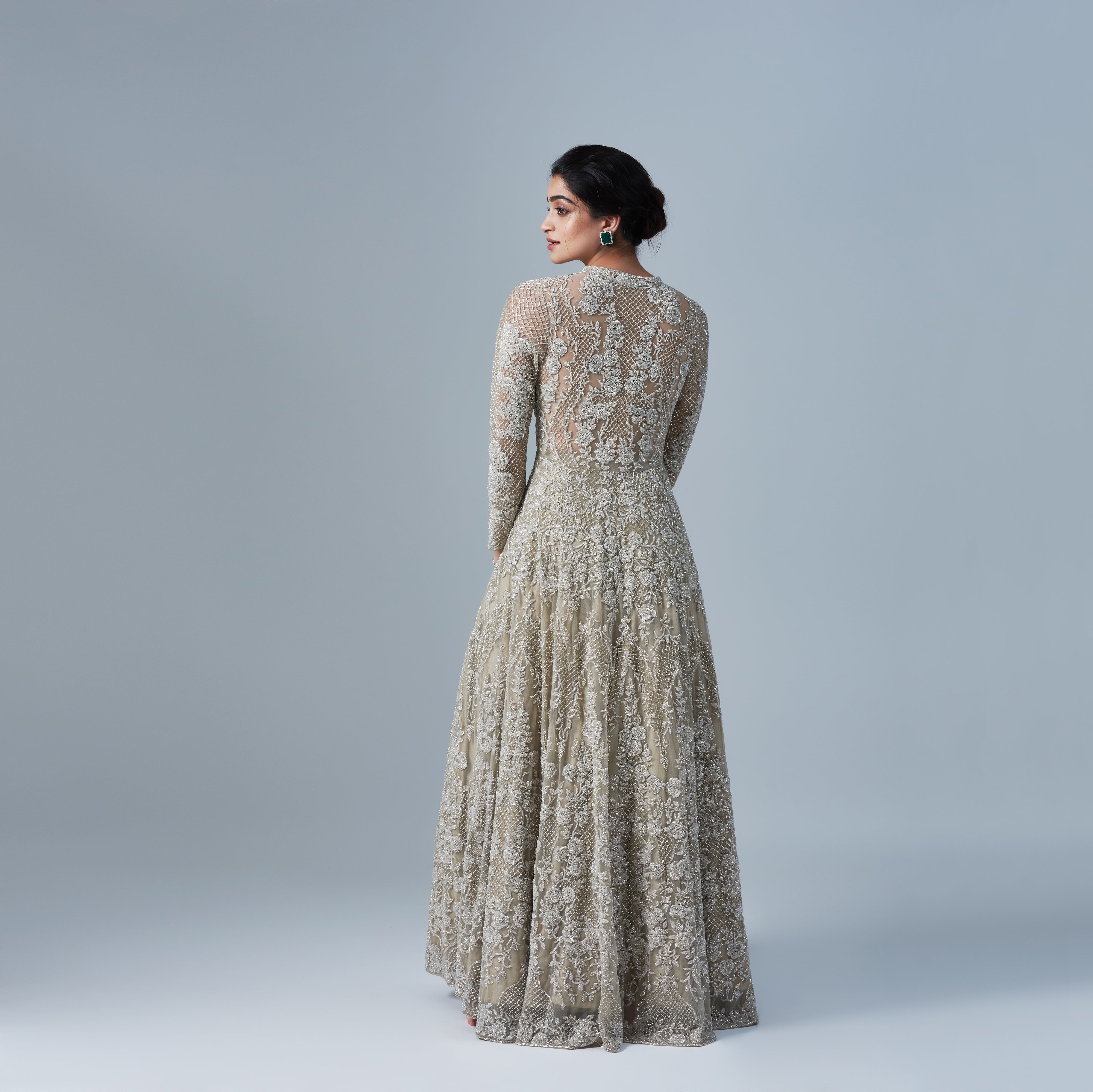 Indian Silver Crystal Beaded Tulle Anarkali Jacket (1-Pc) - Image 2