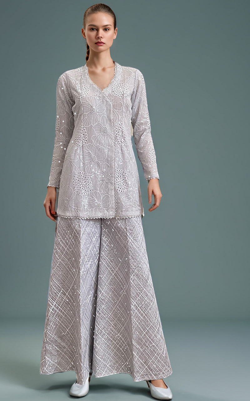 Silver Chikankari Embroidered Chiffon Angrakha (2-Piece) - Image 1