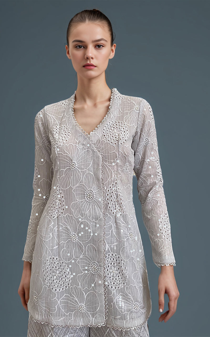 Silver Chikankari Embroidered Chiffon Angrakha (2-Piece) - Image 2