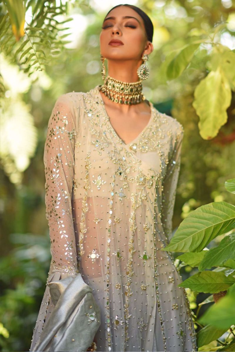 Silver Mirror & Zardozi Net Angrakha (3-Piece) - Image 6