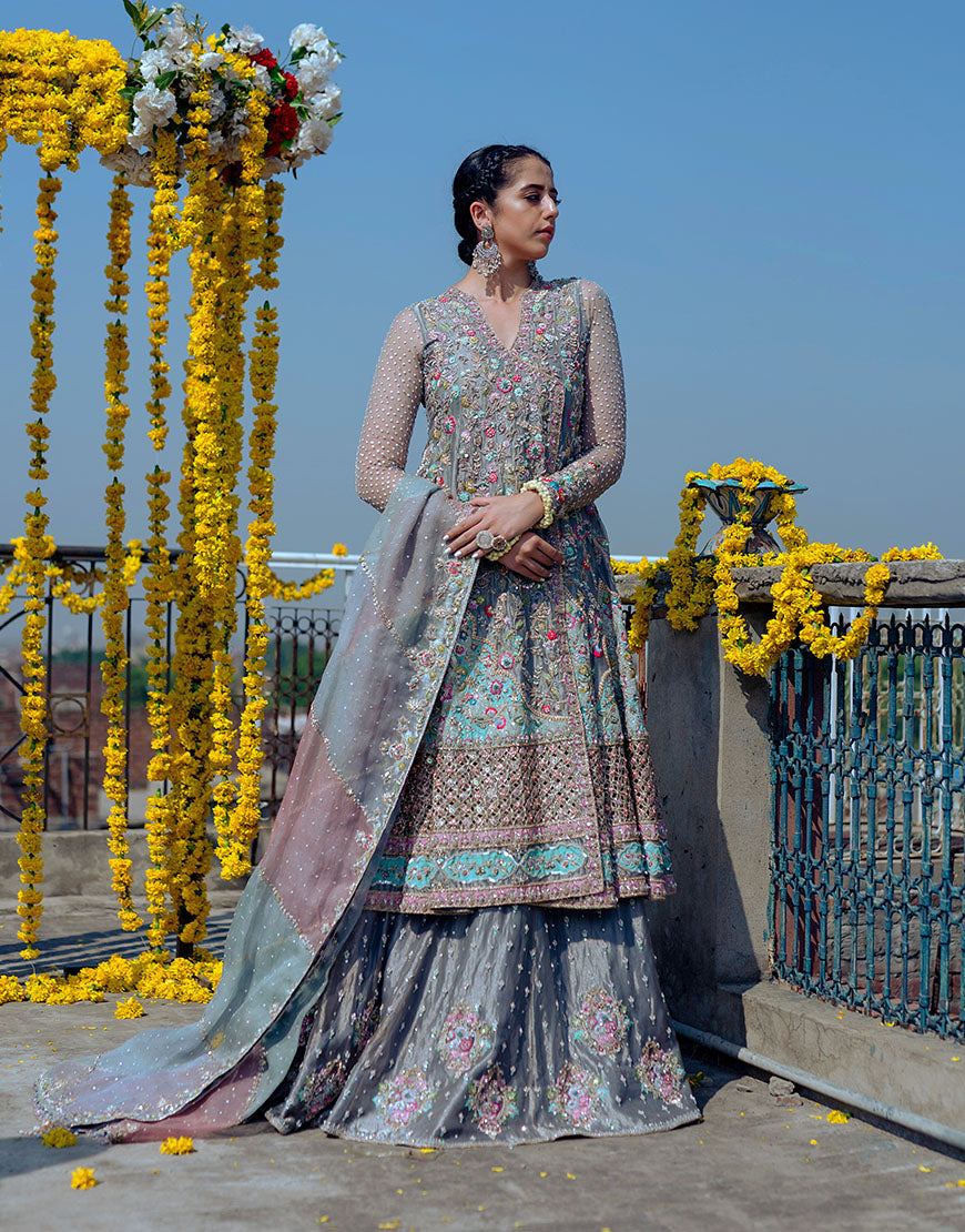 Pakistani Silver Grey Embroidered Organza Angrakha Dress (3-Piece) - Image 1