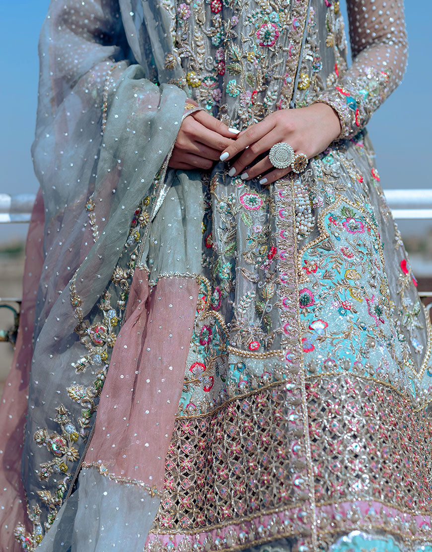Pakistani Silver Grey Embroidered Organza Angrakha Dress (3-Piece) - Image 2