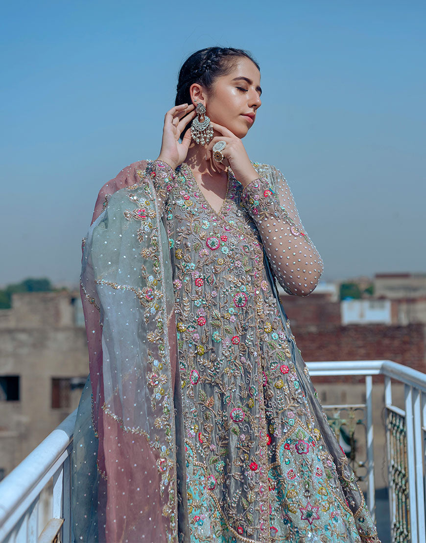 Pakistani Silver Grey Embroidered Organza Angrakha Dress (3-Piece) - Image 4