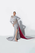 Pakistani Silver Sequin Net Cape Dress (1-Pc) - Image 2