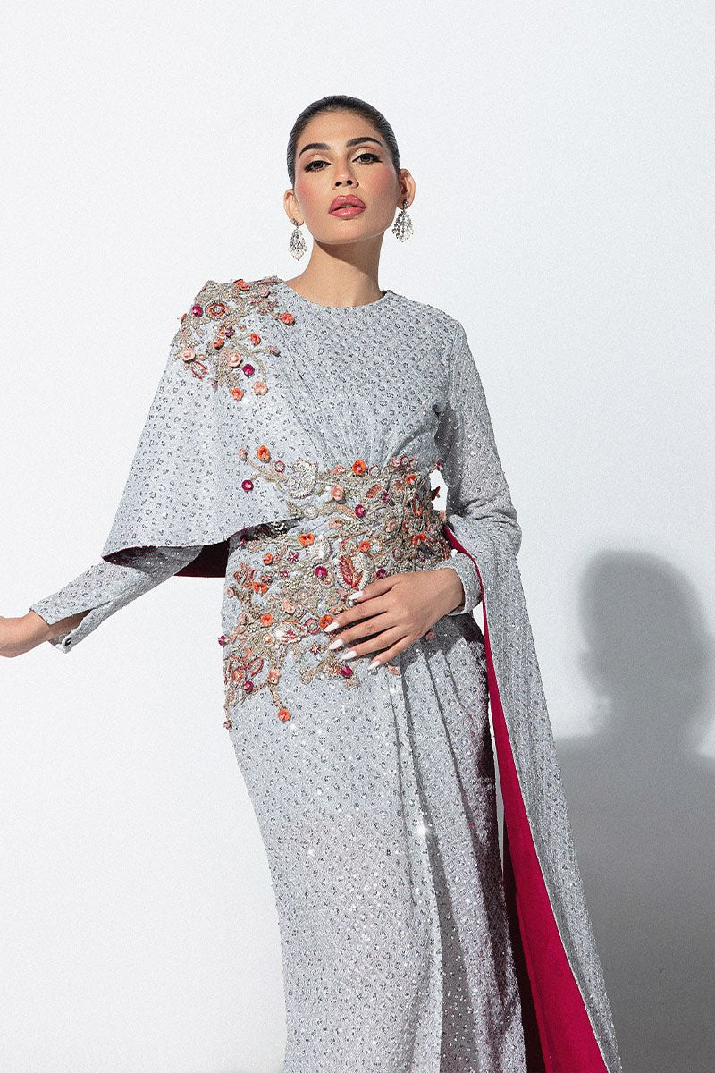 Pakistani Silver Sequin Net Cape Dress (1-Pc) - Image 4
