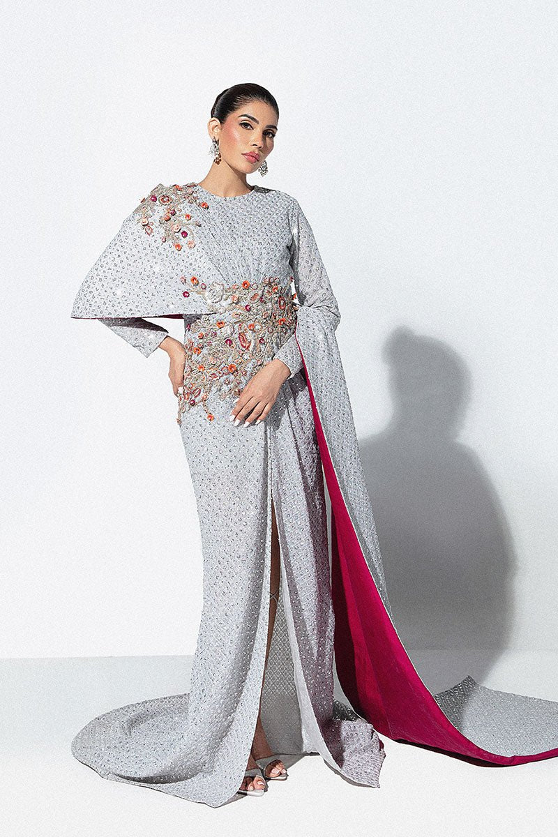 Pakistani Silver Sequin Net Cape Dress (1-Pc) - Image 5
