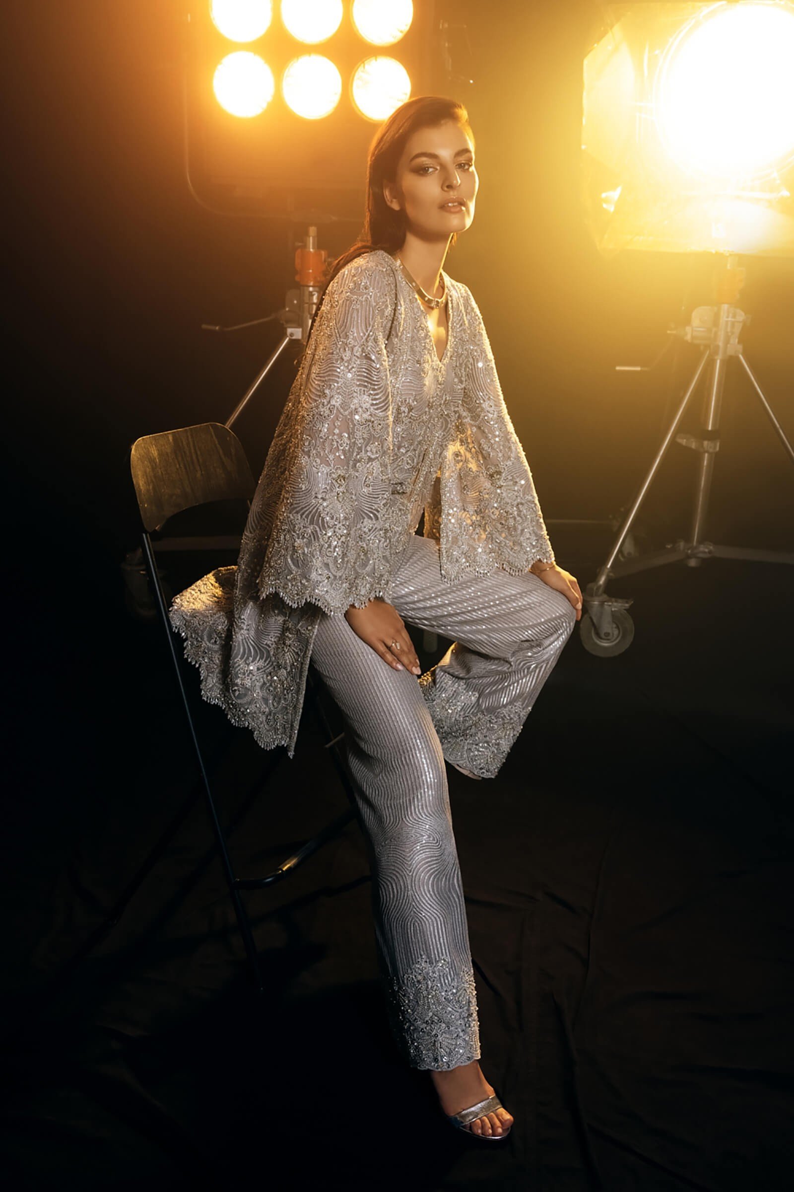 Silver Embellished Organza Cape Dress (2-Piece) - Image 1