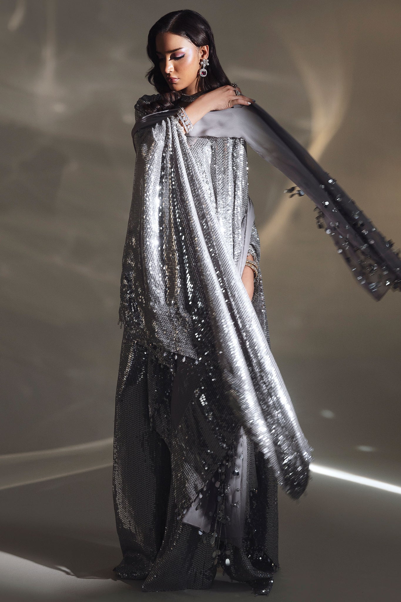 Silver Sequined Chiffon Cape with Raw Silk Trousers (3-Piece) - Image 2