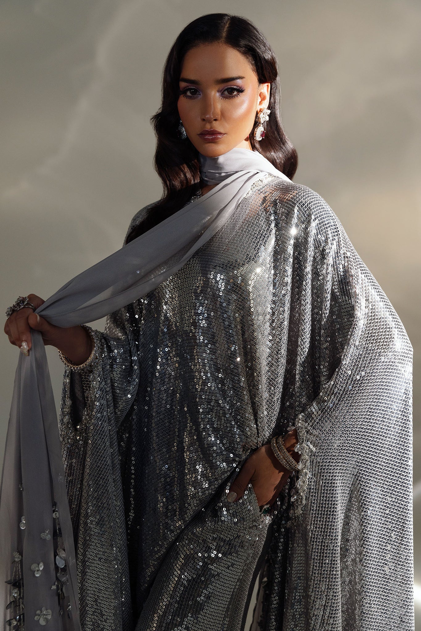 Silver Sequined Chiffon Cape with Raw Silk Trousers (3-Piece) - Image 3