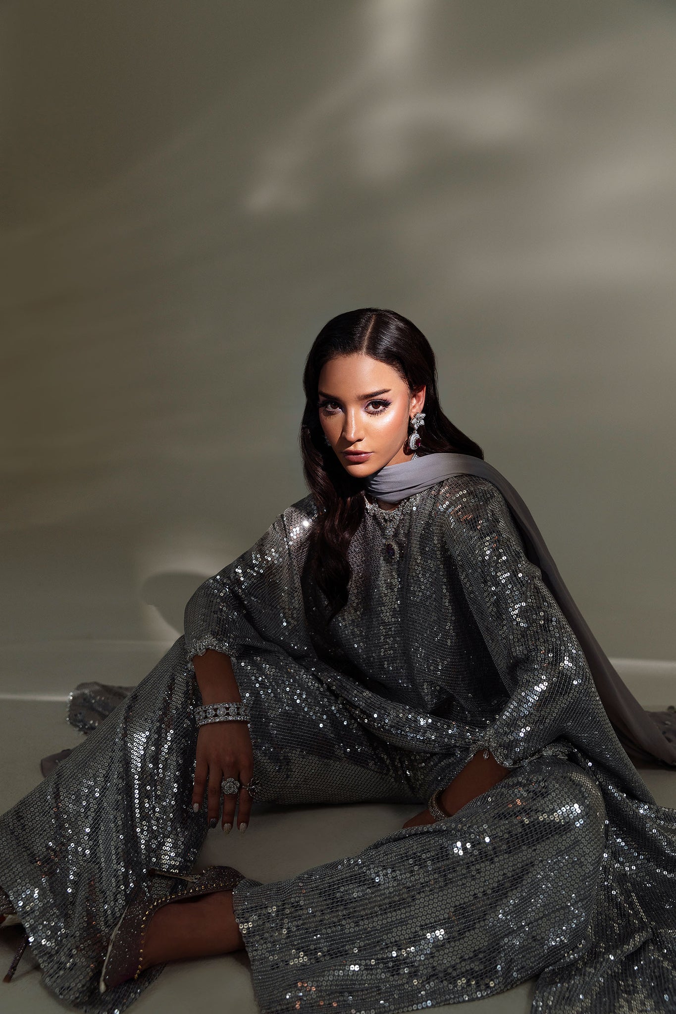 Silver Sequined Chiffon Cape with Raw Silk Trousers (3-Piece) - Image 4