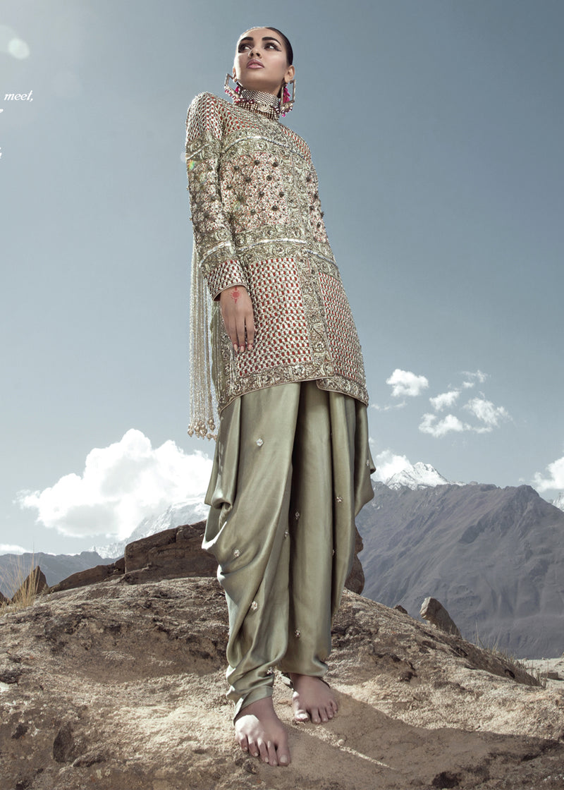 Pakistani Silver Mookaish Organza Jacket with Satin Silk Pants (2-Piece) - Image 1