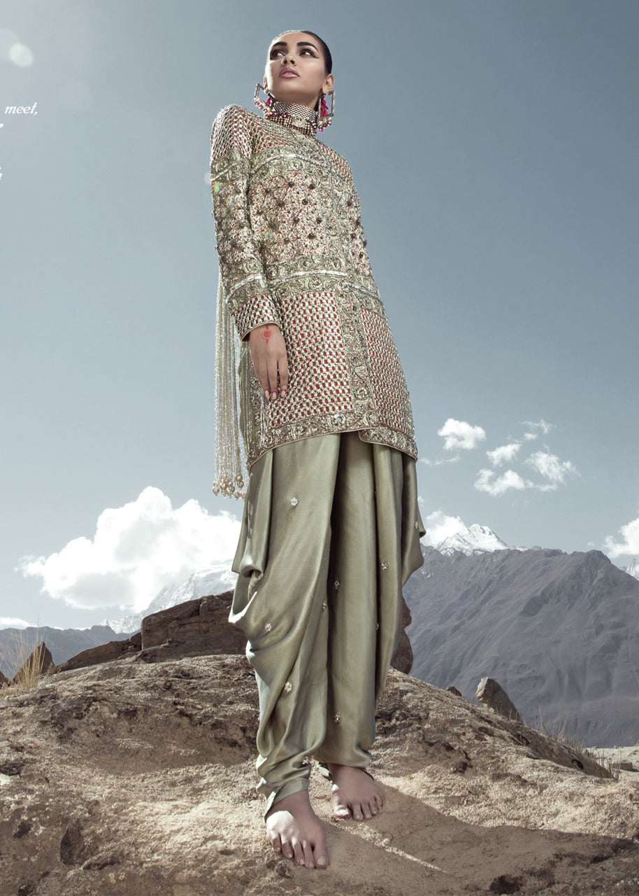 Pakistani Silver Mookaish Organza Jacket with Satin Silk Pants (2-Piece) - Image 2