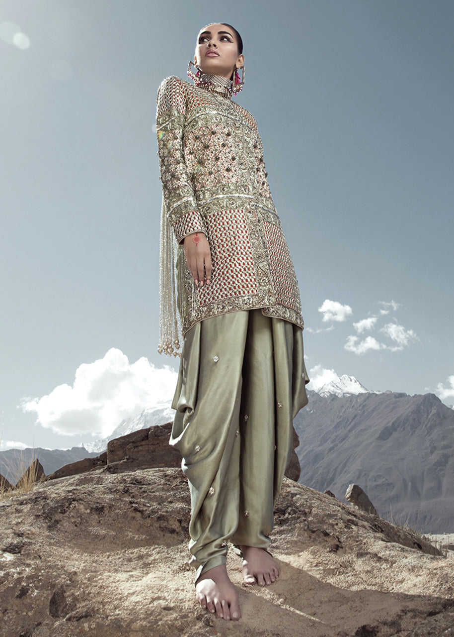 Pakistani Silver Mookaish Organza Jacket with Satin Silk Pants (2-Piece) - Image 4