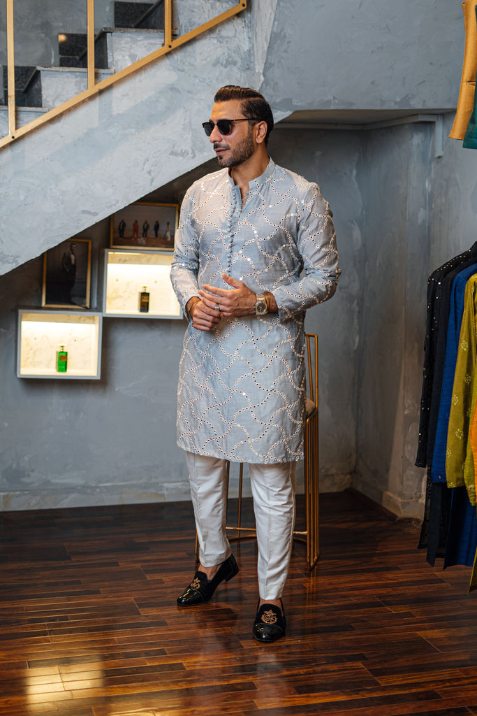 Silver Grey Mirror Work Embossed Silk-Blend Kurta (2-Piece) - Image 1