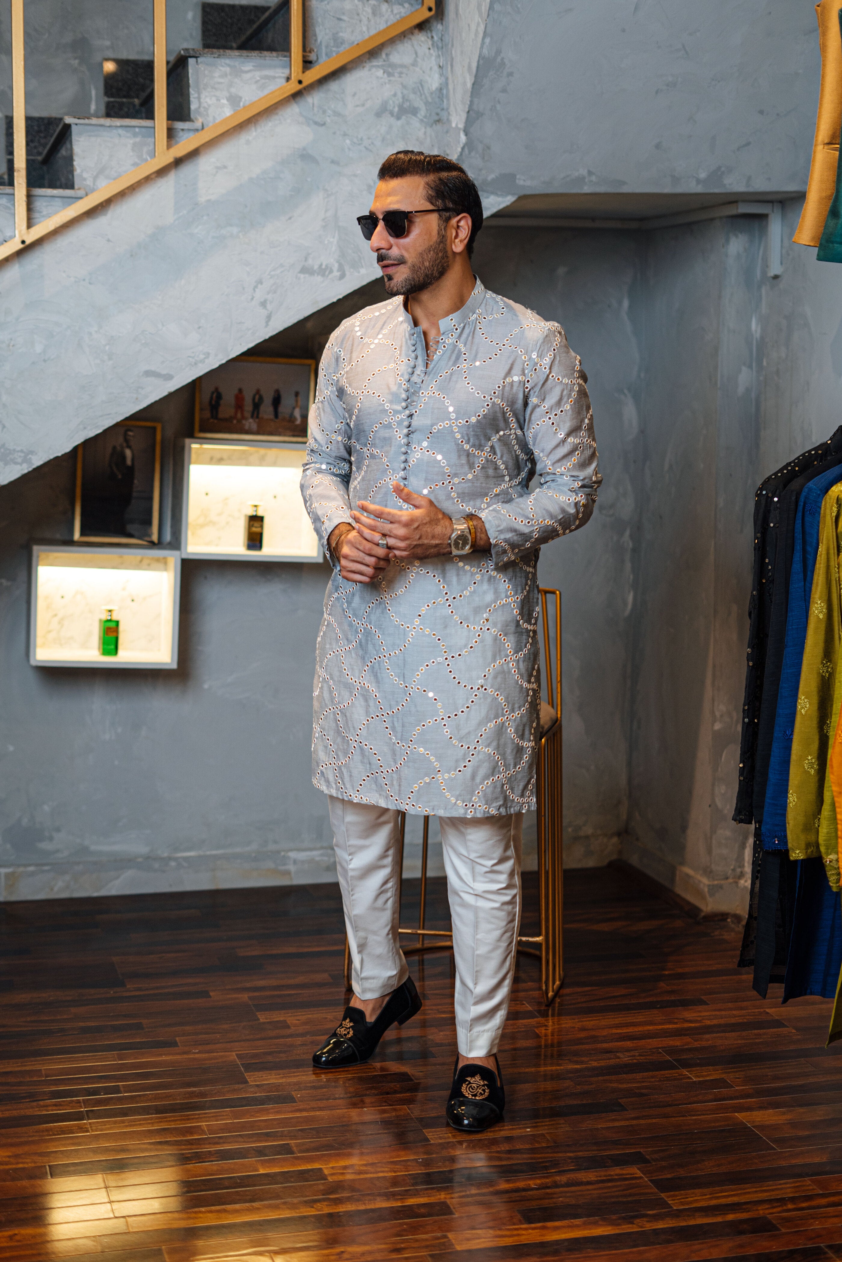 Silver Grey Mirror Work Embossed Silk-Blend Kurta (2-Piece) - Image 2