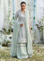 Pakistani Silver-Mint Hand-Embellished Silk-Blend Angharkha Gharara (3-Piece) - Image 3