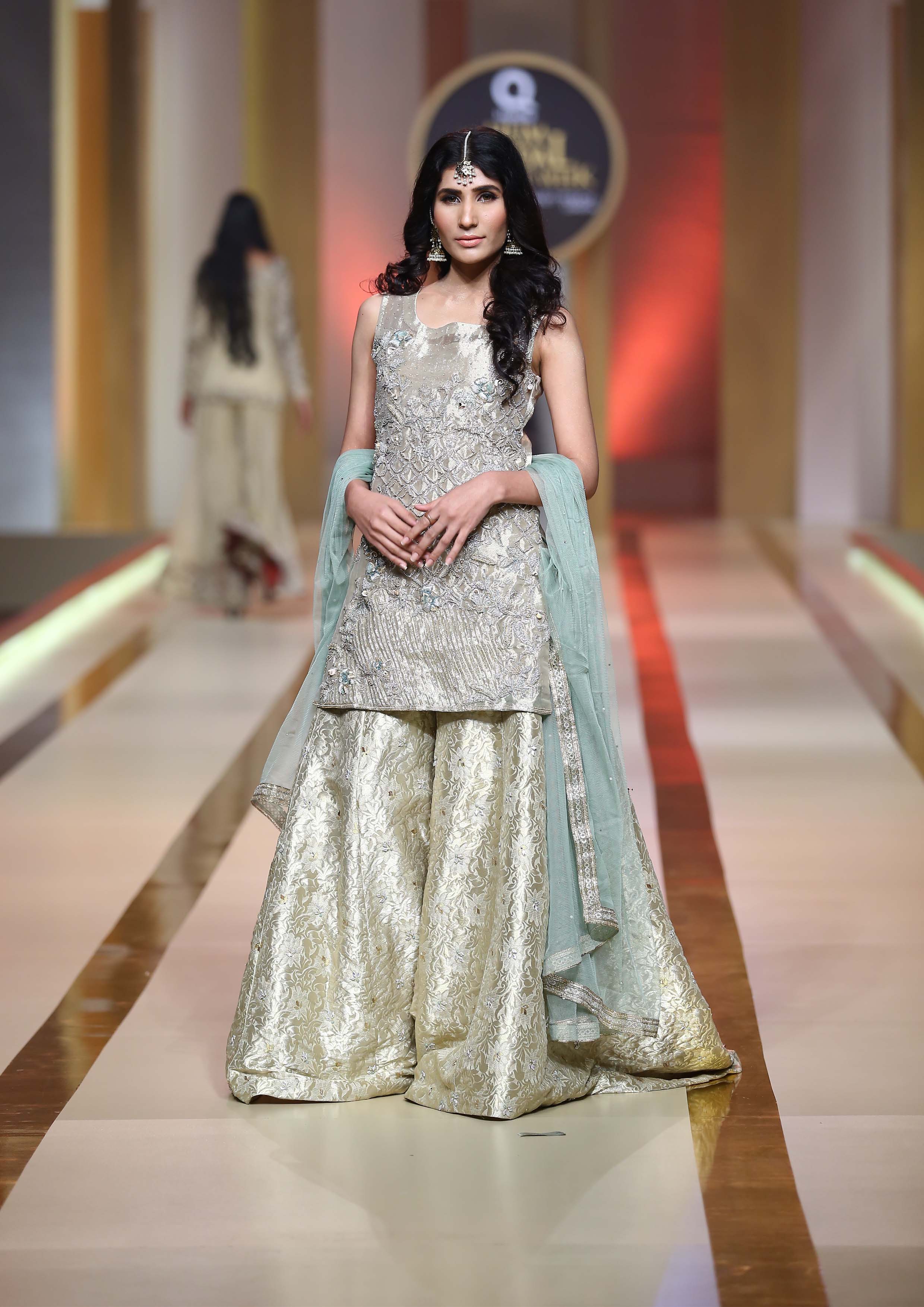 Silver Meshwork Embroidered Brocade Gharara (3-Piece) - Image 1