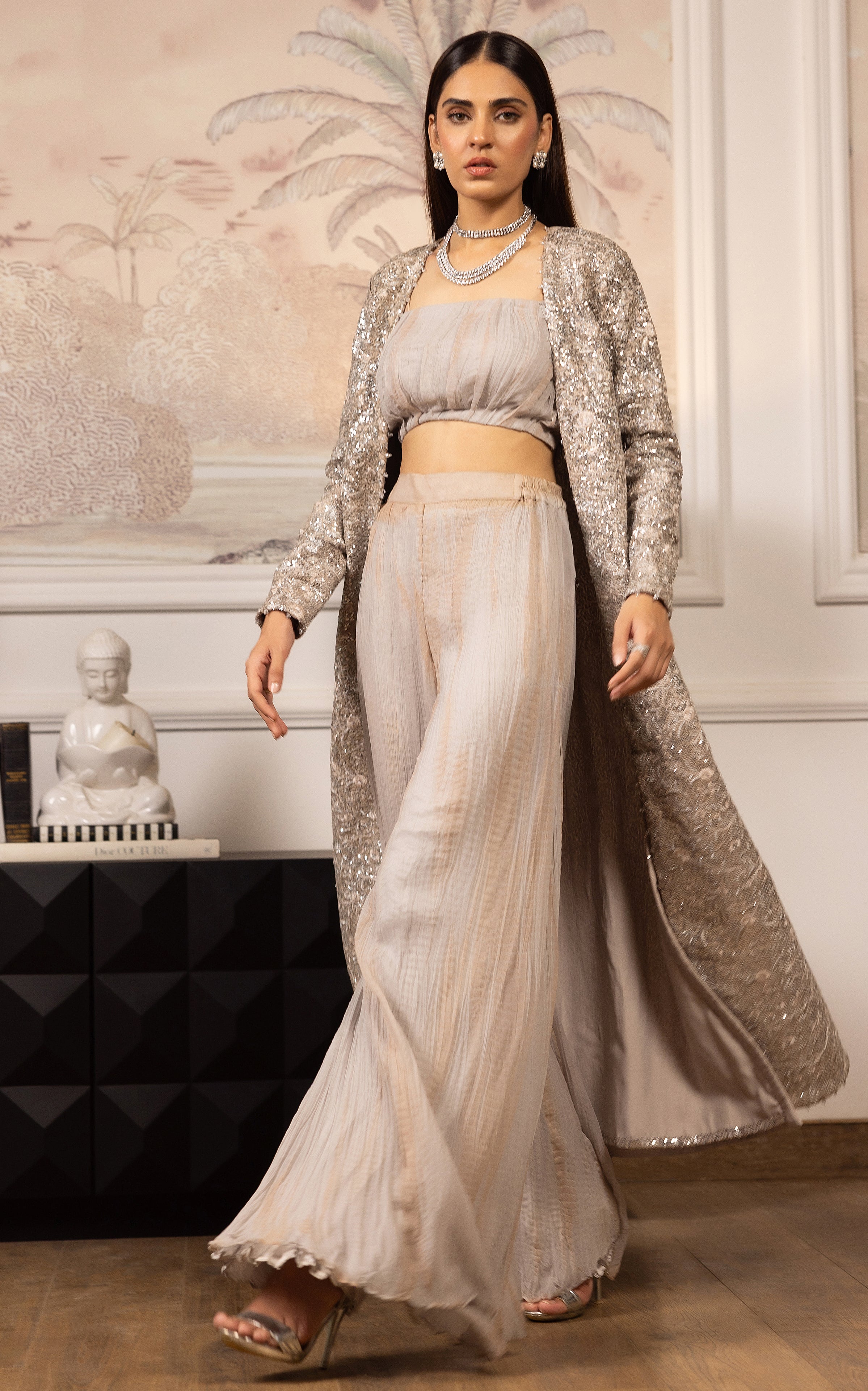 Pakistani Silver Embroidered Crushed Chiffon Gharara (3-Piece) - Image 1