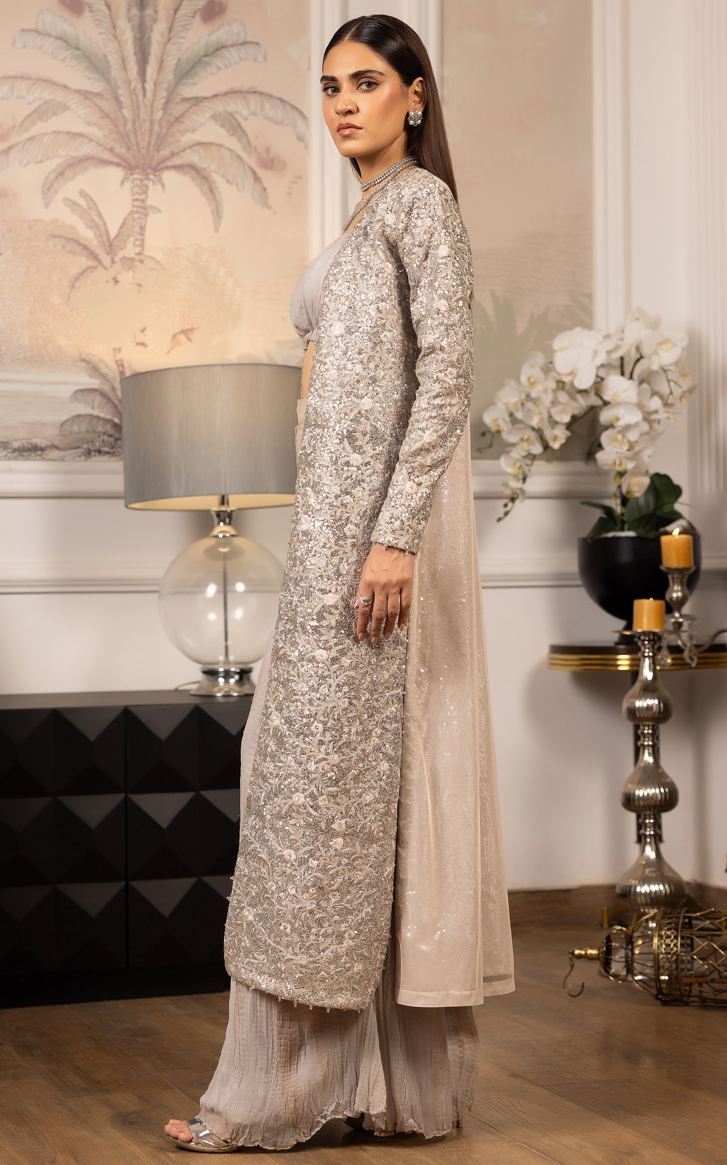 Pakistani Silver Embroidered Crushed Chiffon Gharara (3-Piece) - Image 2