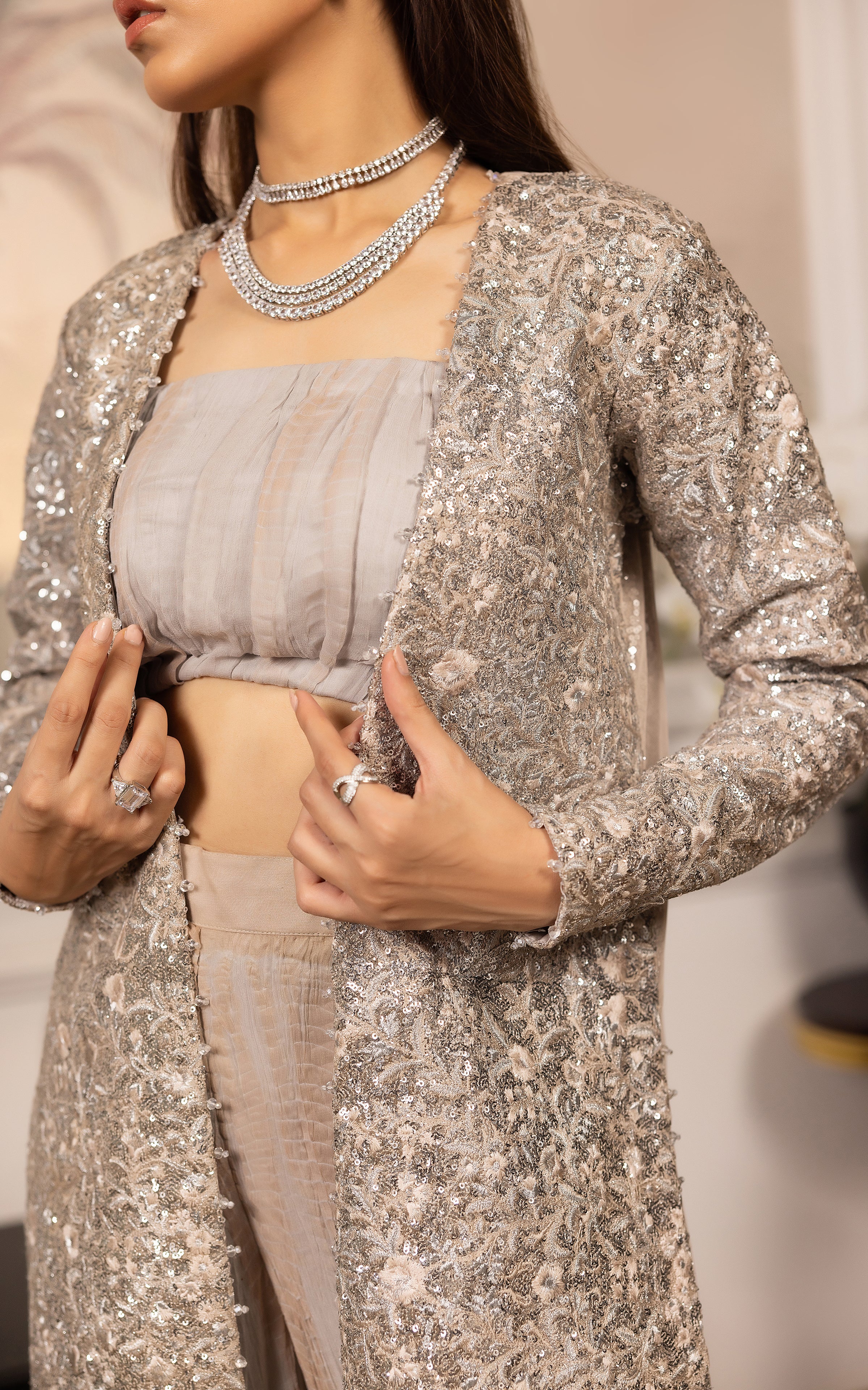 Pakistani Silver Embroidered Crushed Chiffon Gharara (3-Piece) - Image 4