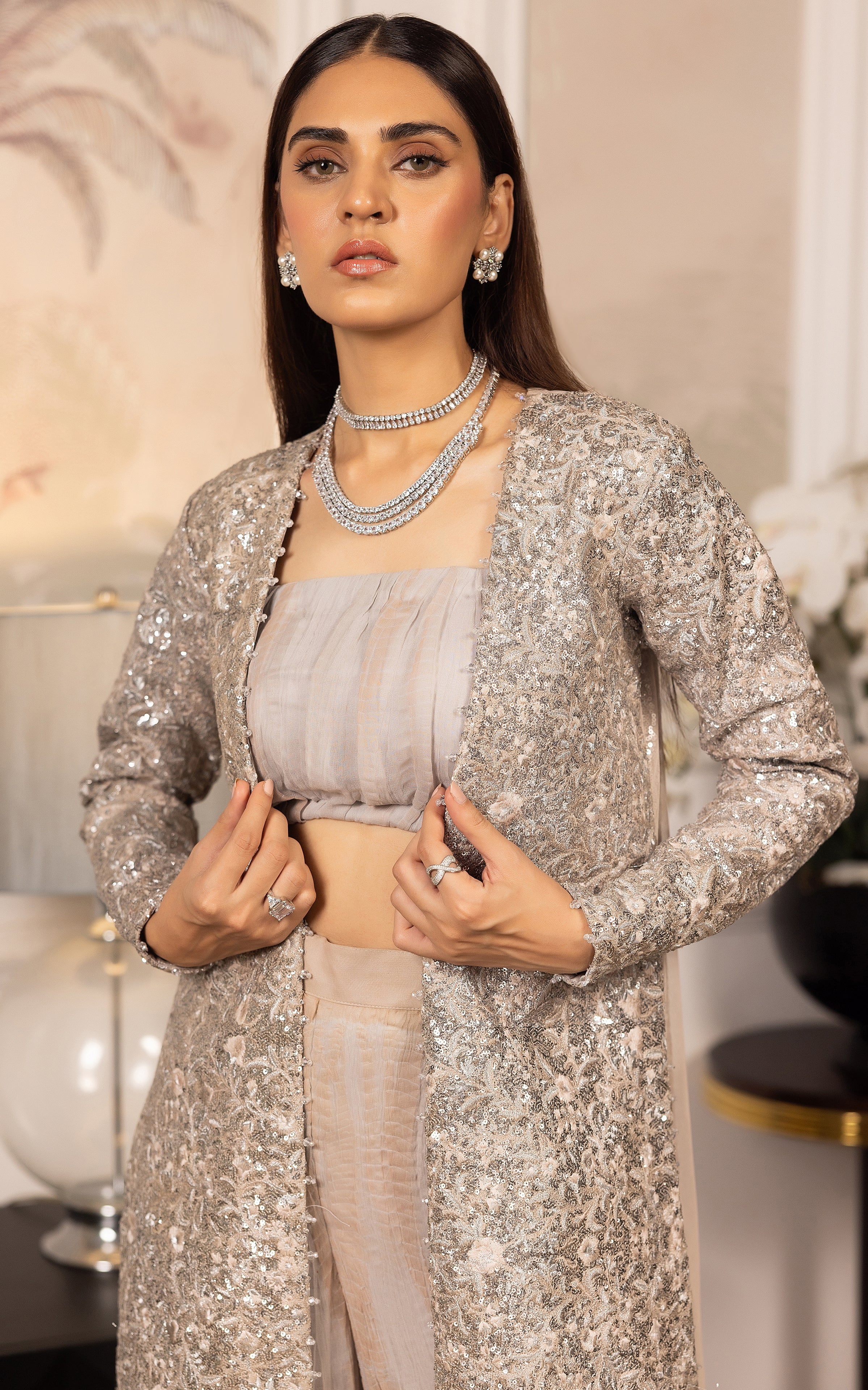 Pakistani Silver Embroidered Crushed Chiffon Gharara (3-Piece) - Image 5