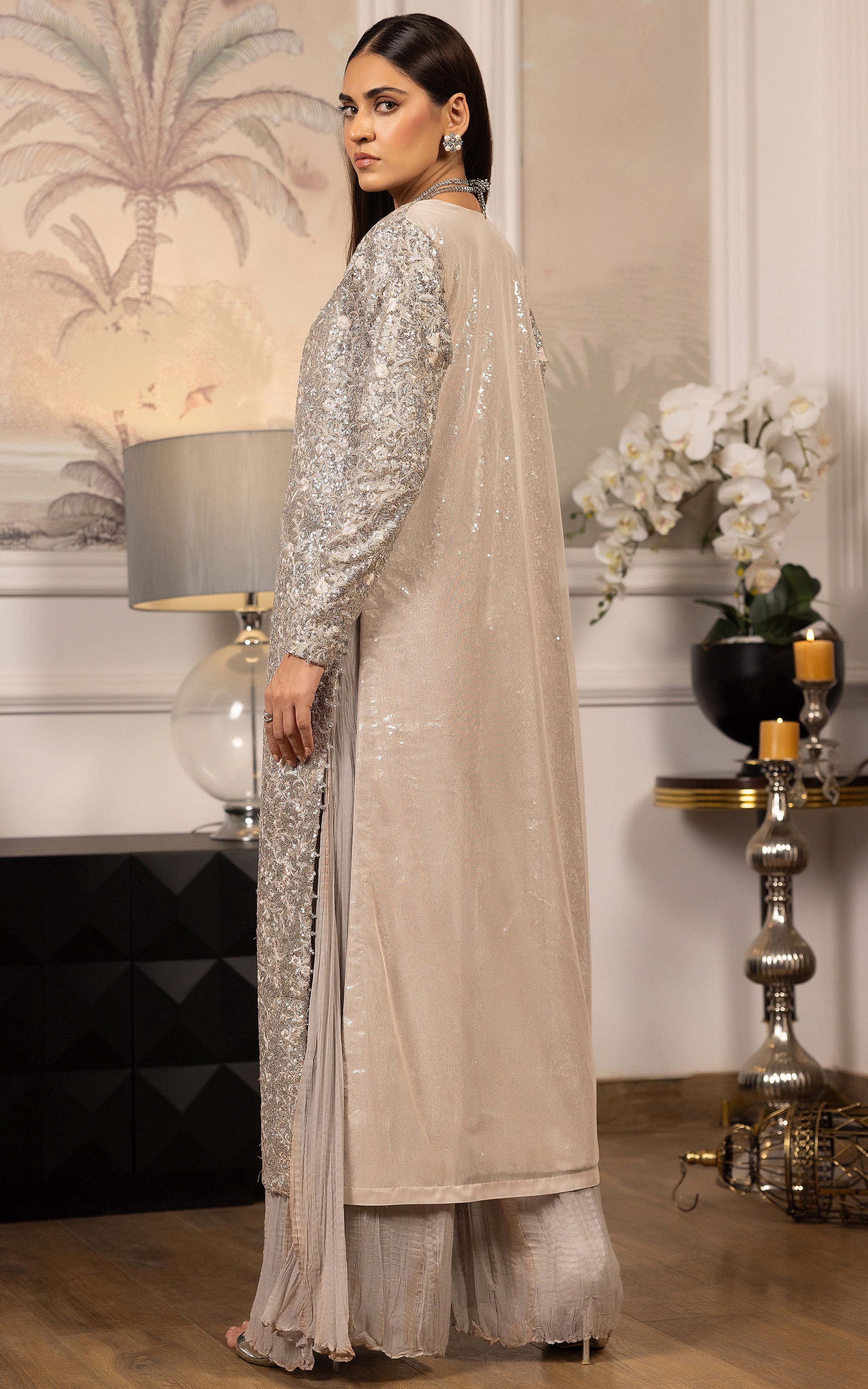 Pakistani Silver Embroidered Crushed Chiffon Gharara (3-Piece) - Image 6